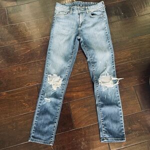 carmar high waisted straight leg distressed knee jeans